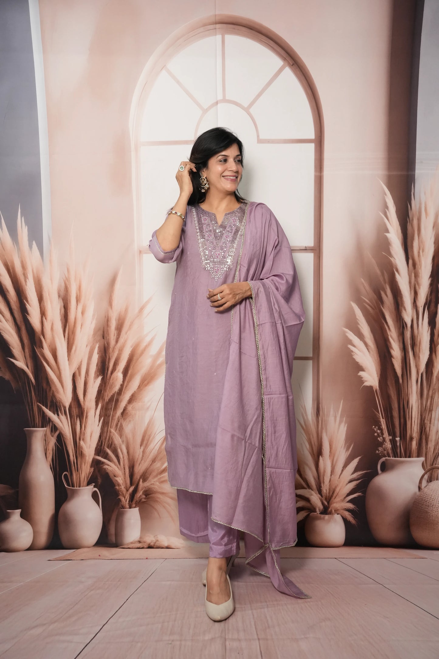 Wisteria Mul Chanderi Kurta Dupatta Set with Sequin & Embroidery Work