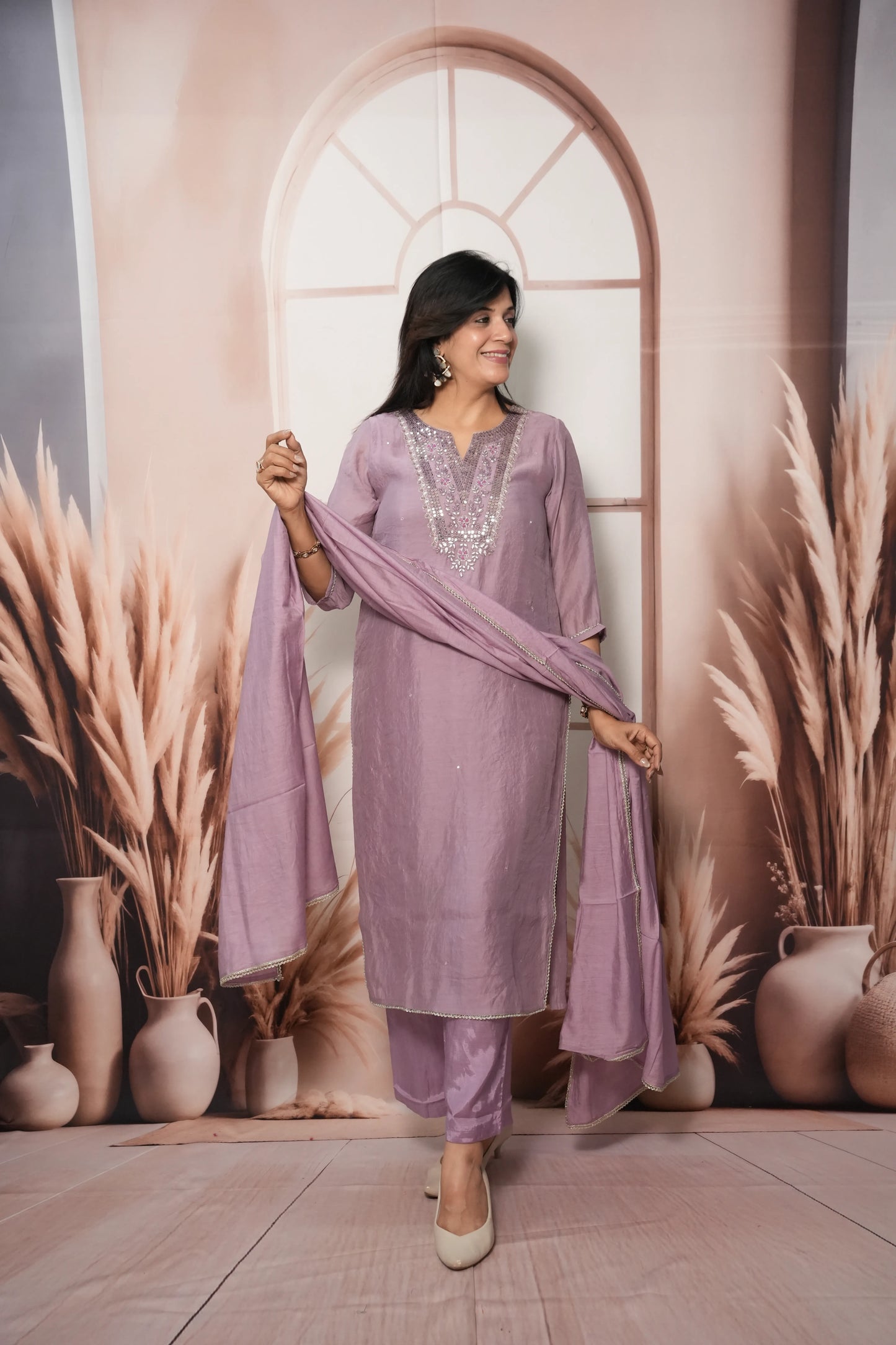 Wisteria Mul Chanderi Kurta Dupatta Set with Sequin & Embroidery Work