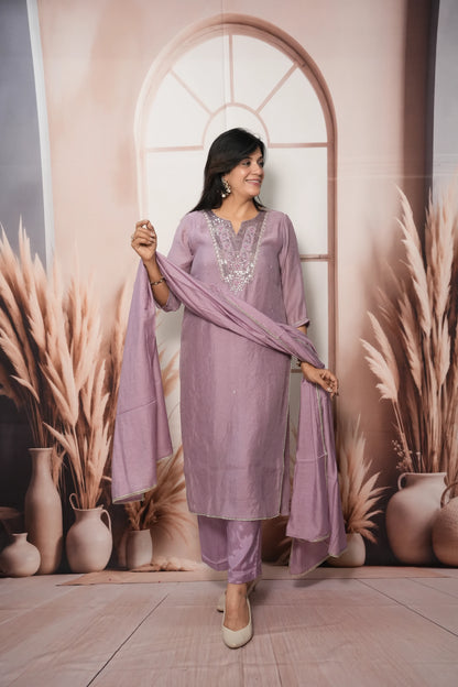 Wisteria Mul Chanderi Kurta Dupatta Set with Sequin & Embroidery Work