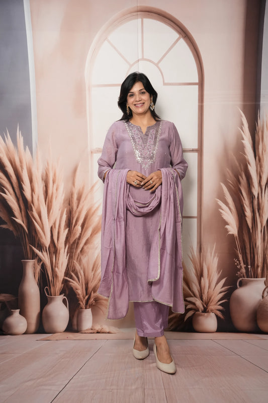 Wisteria Mul Chanderi Kurta Dupatta Set with Sequin & Embroidery Work