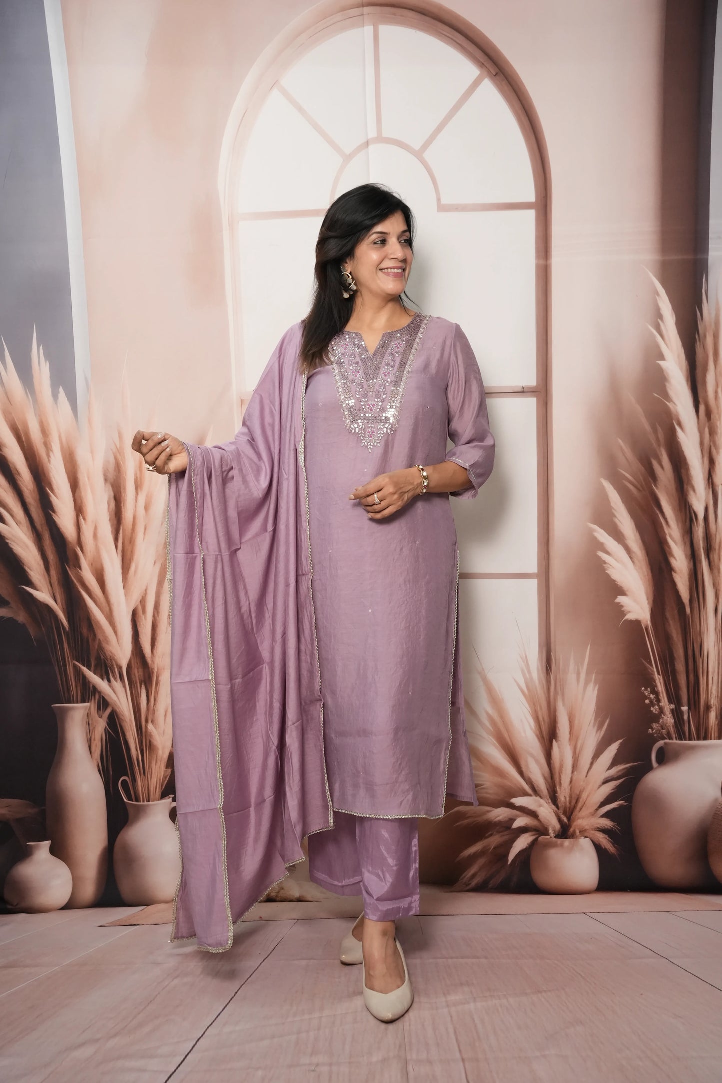 Wisteria Mul Chanderi Kurta Dupatta Set with Sequin & Embroidery Work