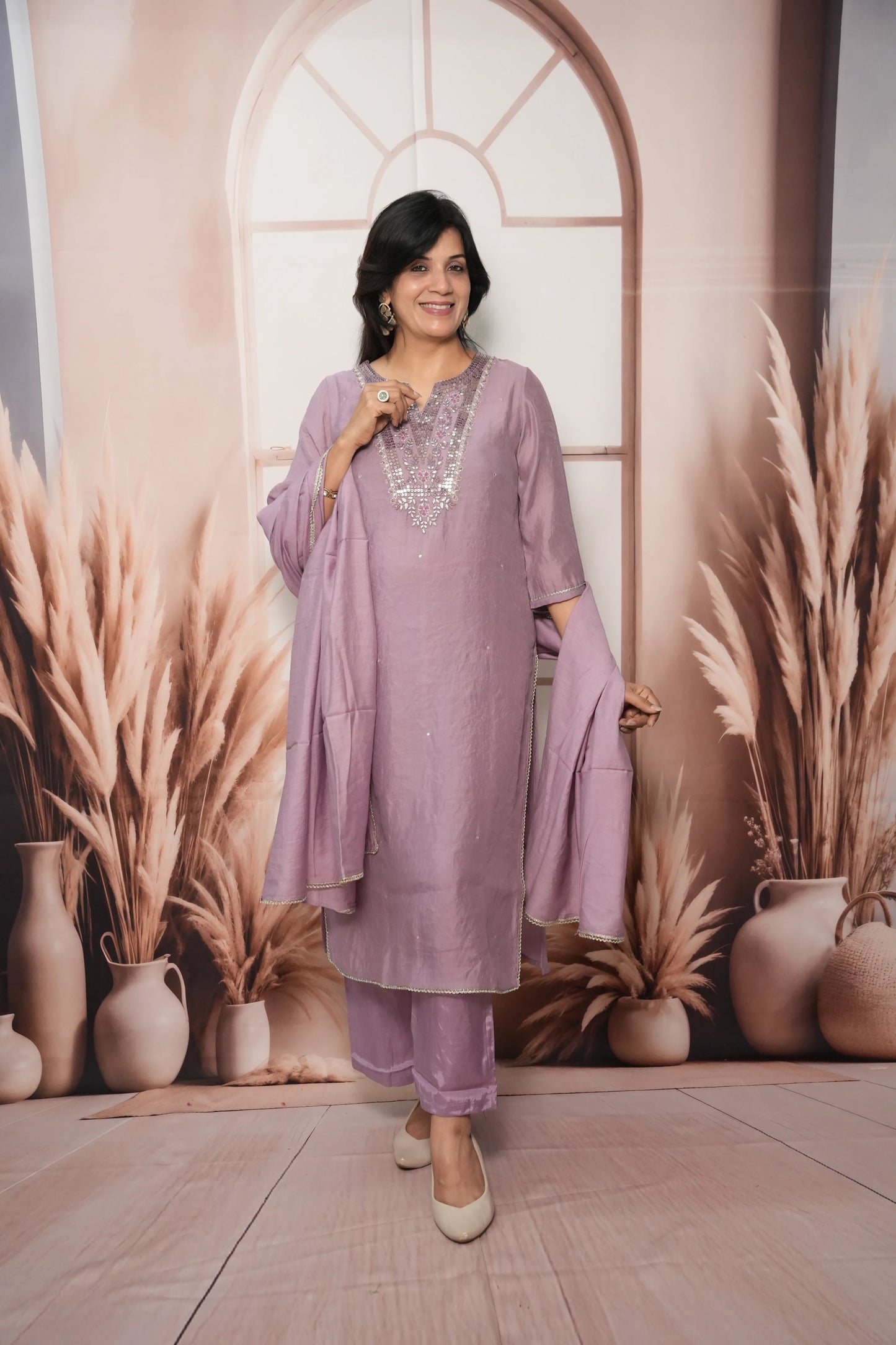 Wisteria Mul Chanderi Kurta Dupatta Set with Sequin & Embroidery Work