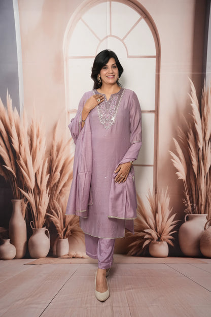 Wisteria Mul Chanderi Kurta Dupatta Set with Sequin & Embroidery Work