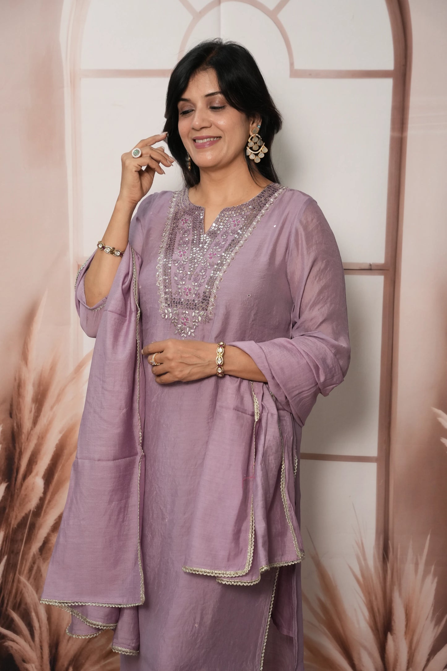 Wisteria Mul Chanderi Kurta Dupatta Set with Sequin & Embroidery Work