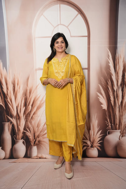 Rape Yellow Mul Chanderi Kurta Dupatta Set with Sequin & Embroidery Work