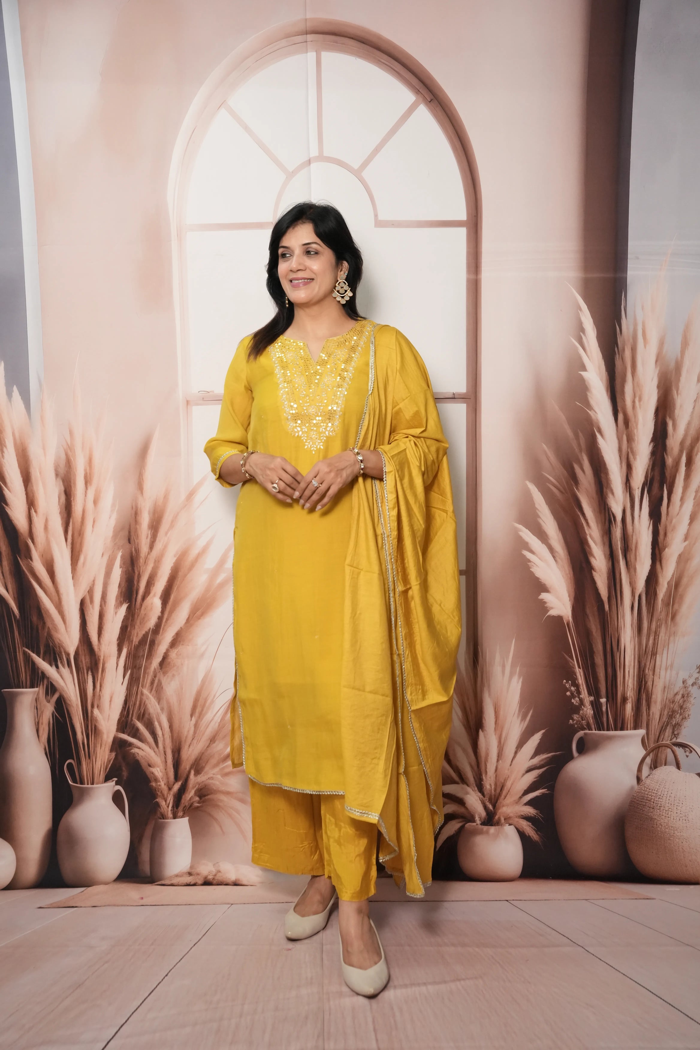 Rape Yellow Mul Chanderi Kurta Dupatta Set with Sequin & Embroidery Work