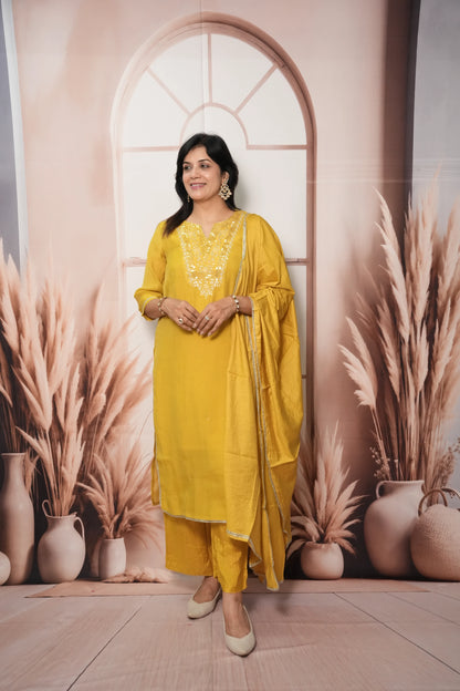 Rape Yellow Mul Chanderi Kurta Dupatta Set with Sequin & Embroidery Work