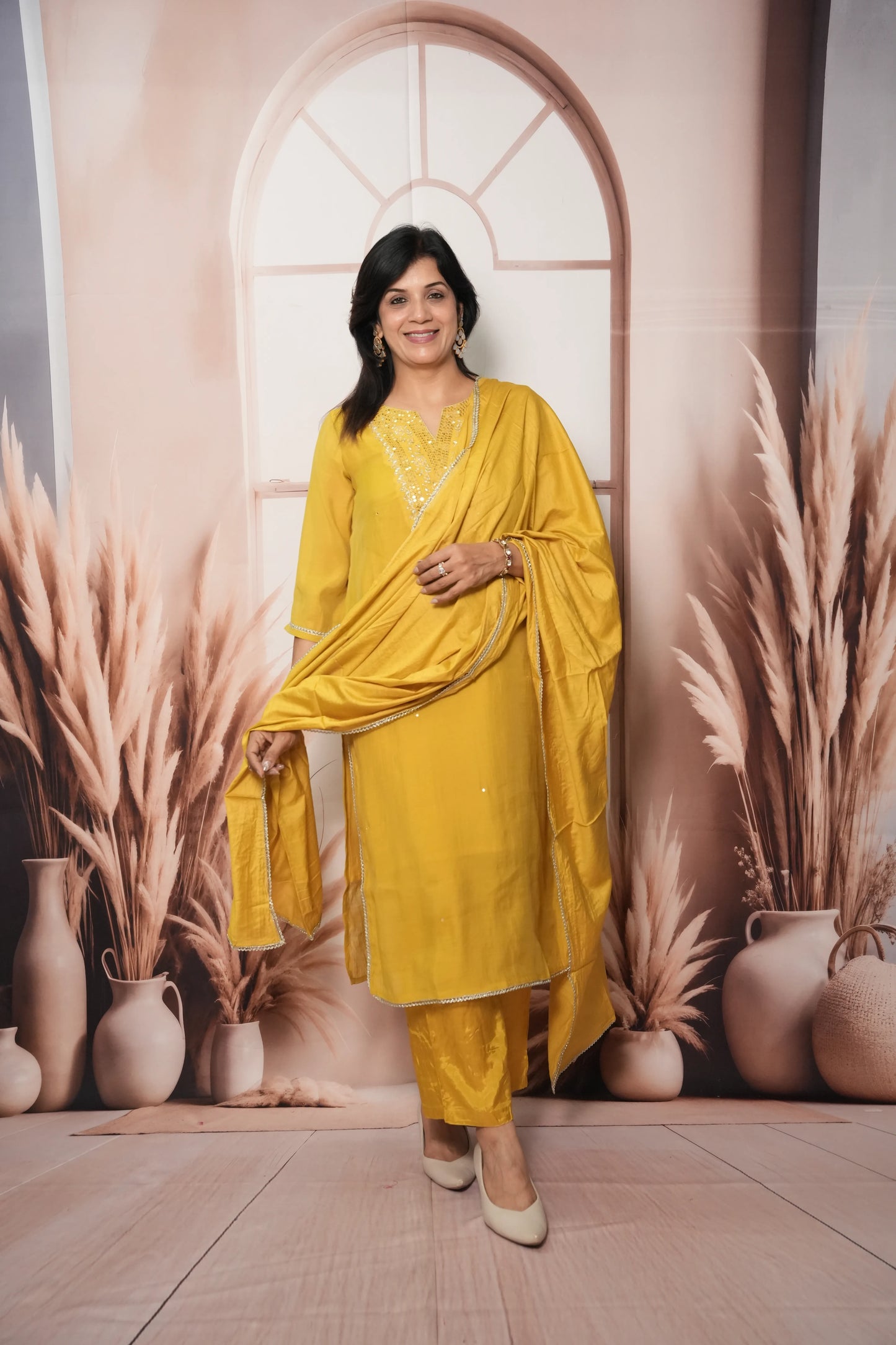 Rape Yellow Mul Chanderi Kurta Dupatta Set with Sequin & Embroidery Work