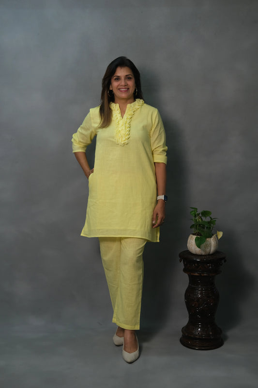 Lemon Yellow Plain Co-ord Set with Ruffle Neck | Soft Cotton