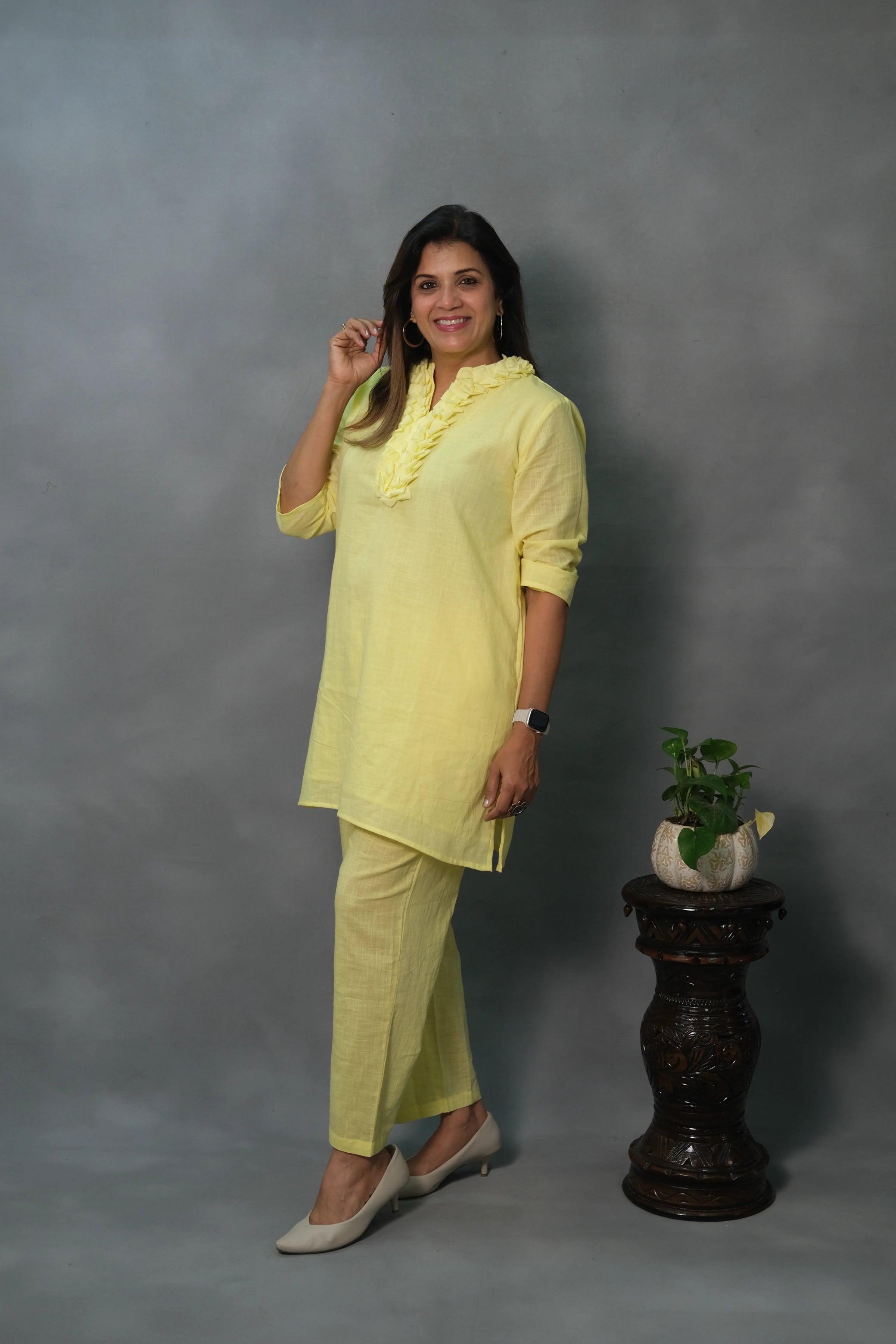 Lemon Yellow Plain Co-ord Set with Ruffle Neck | Soft Cotton