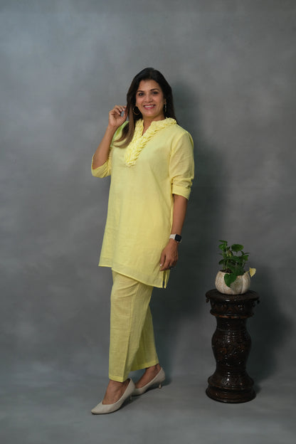 Lemon Yellow Plain Co-ord Set with Ruffle Neck | Soft Cotton