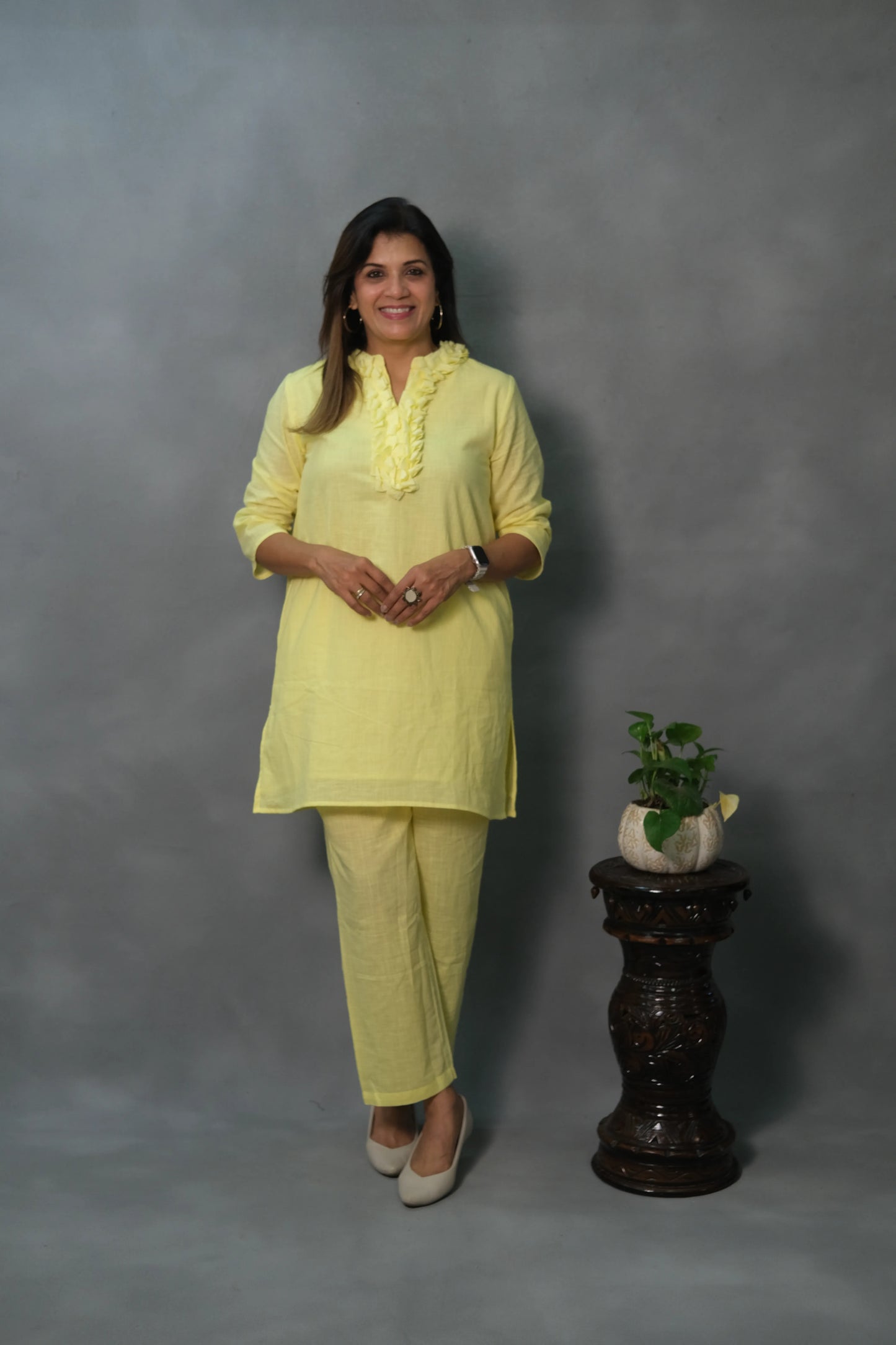 Lemon Yellow Plain Co-ord Set with Ruffle Neck | Soft Cotton