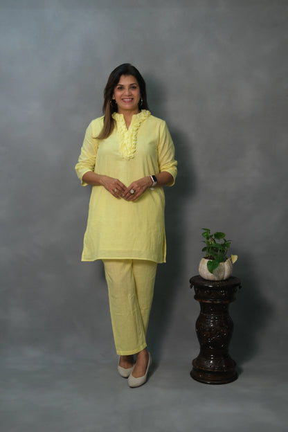 Lemon Yellow Plain Co-ord Set with Ruffle Neck | Soft Cotton
