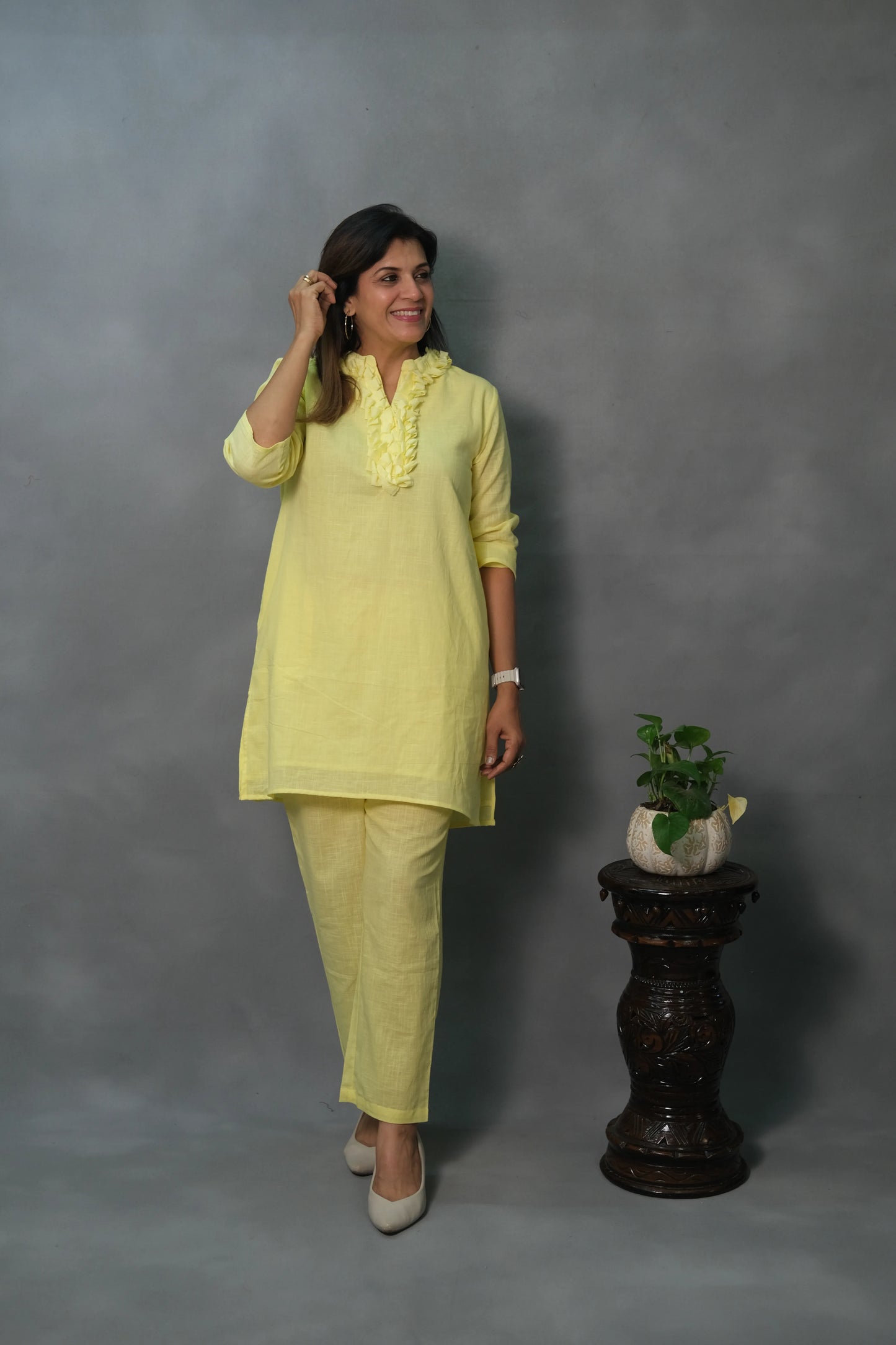 Lemon Yellow Plain Co-ord Set with Ruffle Neck | Soft Cotton