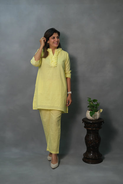 Lemon Yellow Plain Co-ord Set with Ruffle Neck | Soft Cotton