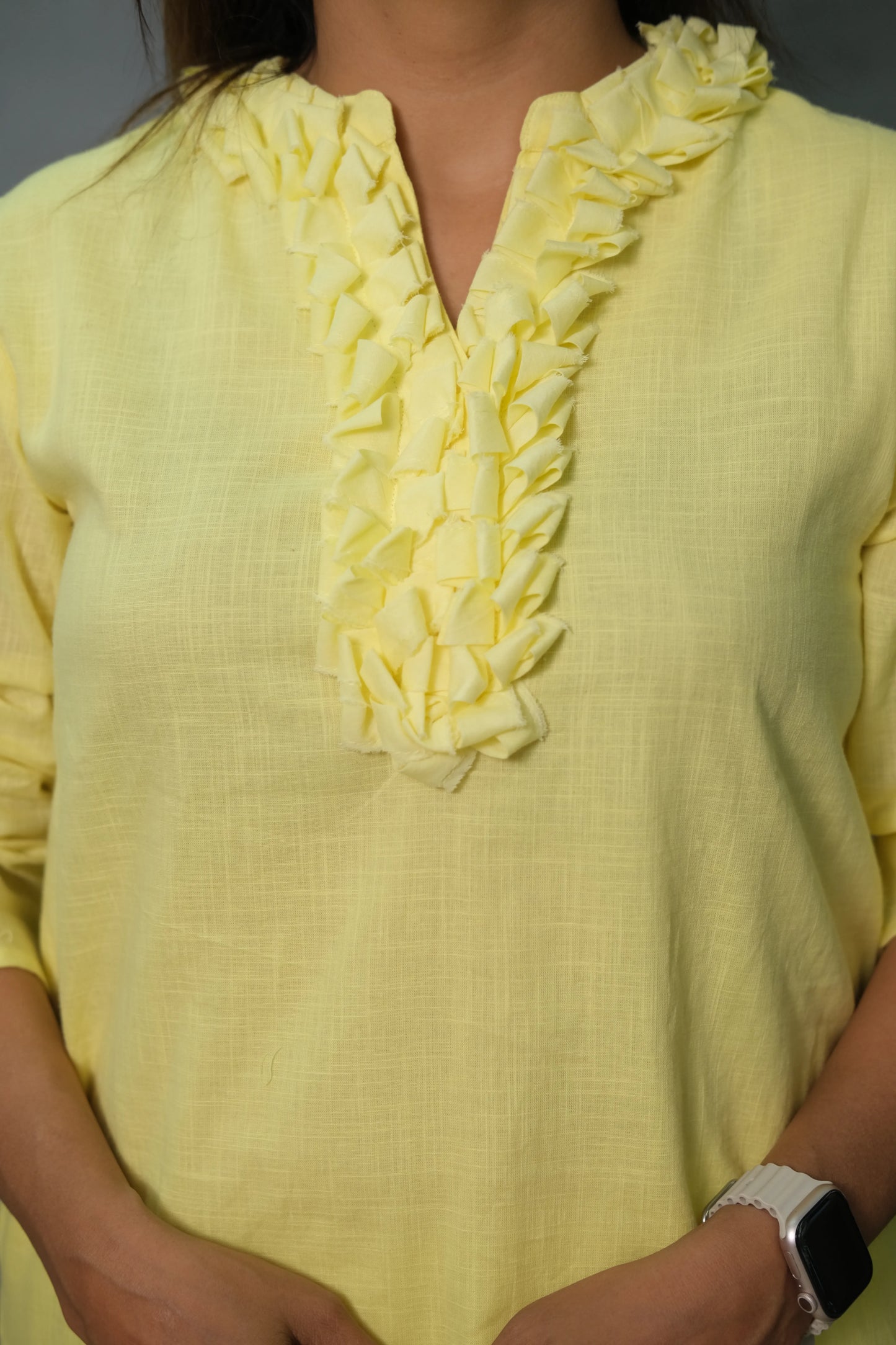 Lemon Yellow Plain Co-ord Set with Ruffle Neck | Soft Cotton