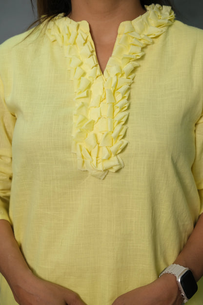 Lemon Yellow Plain Co-ord Set with Ruffle Neck | Soft Cotton