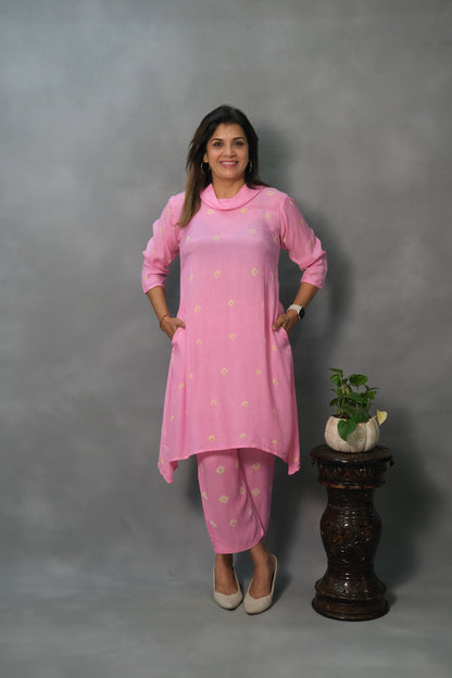 Pink Co-ord Set with Turtle Neck | Soft Cotton