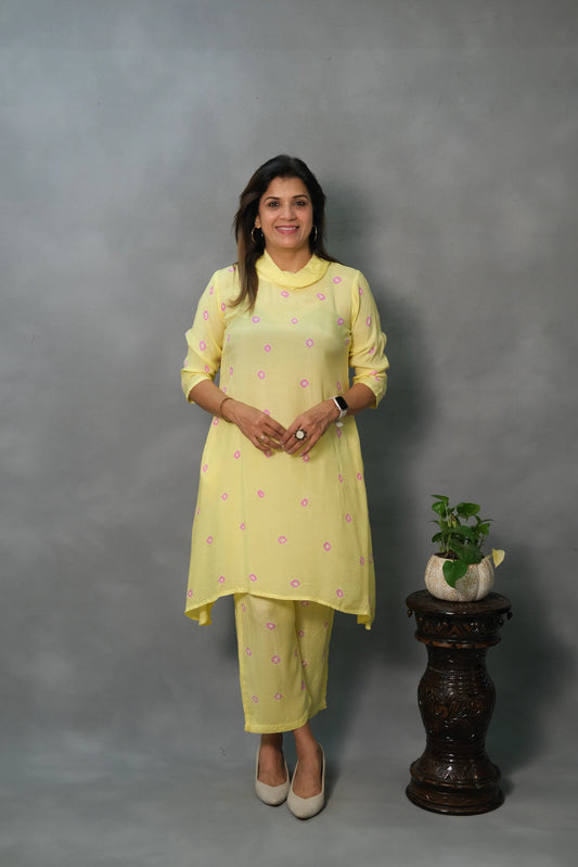 Yellow Co-ord Set with Turtle Neck | Soft Cotton