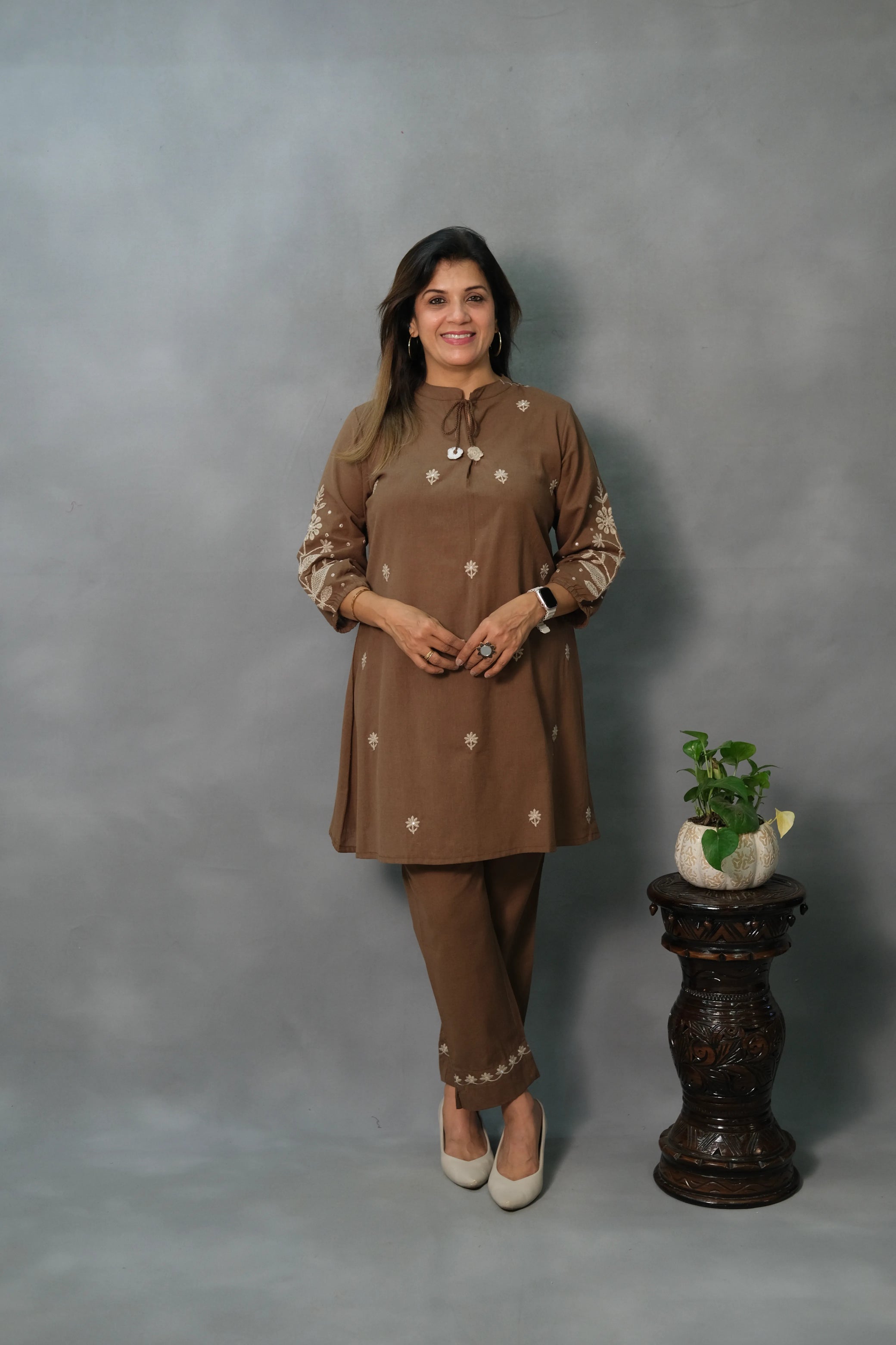 Brown Embroidered Co-ord Set | Flex Cotton