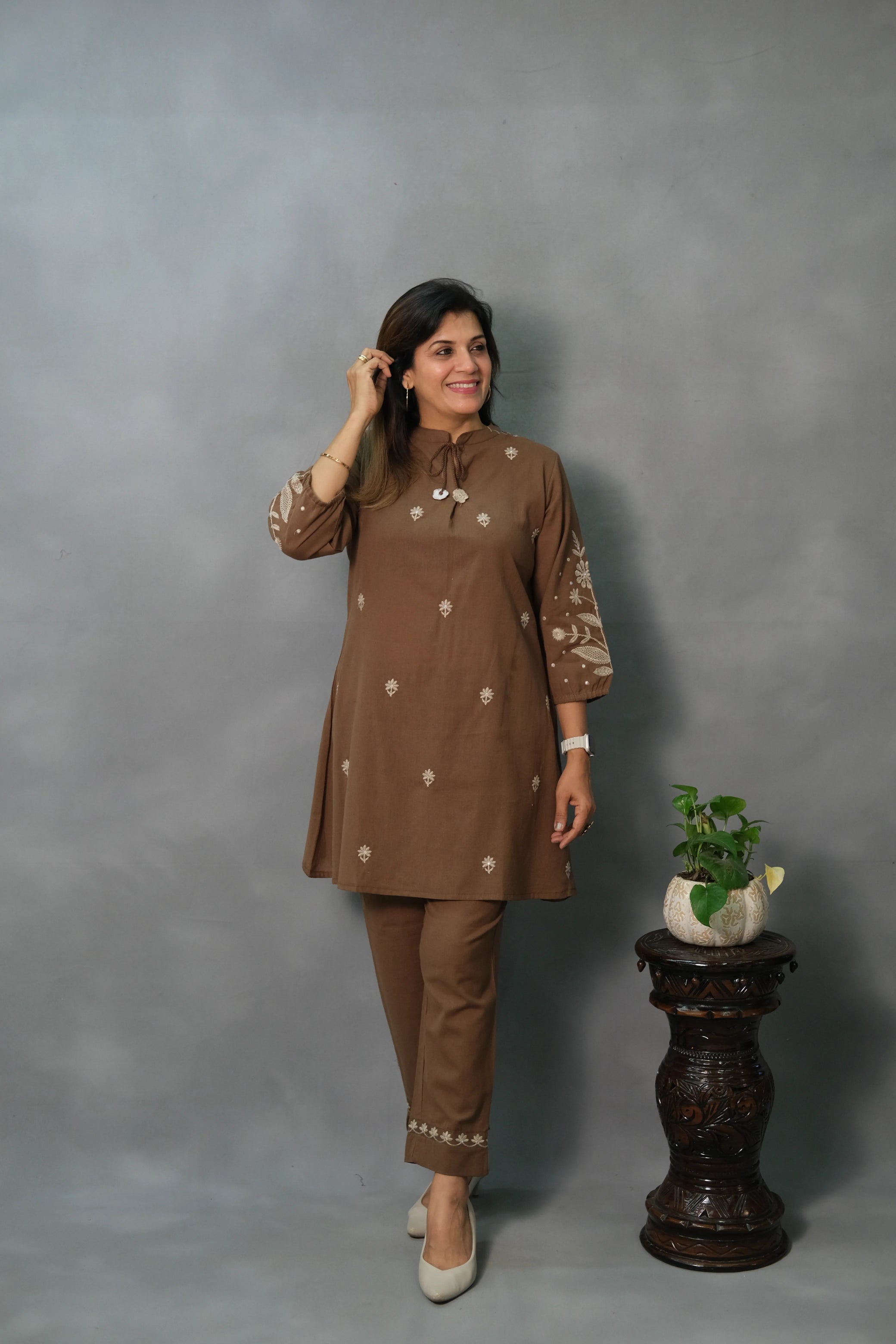 Brown Embroidered Co-ord Set | Flex Cotton