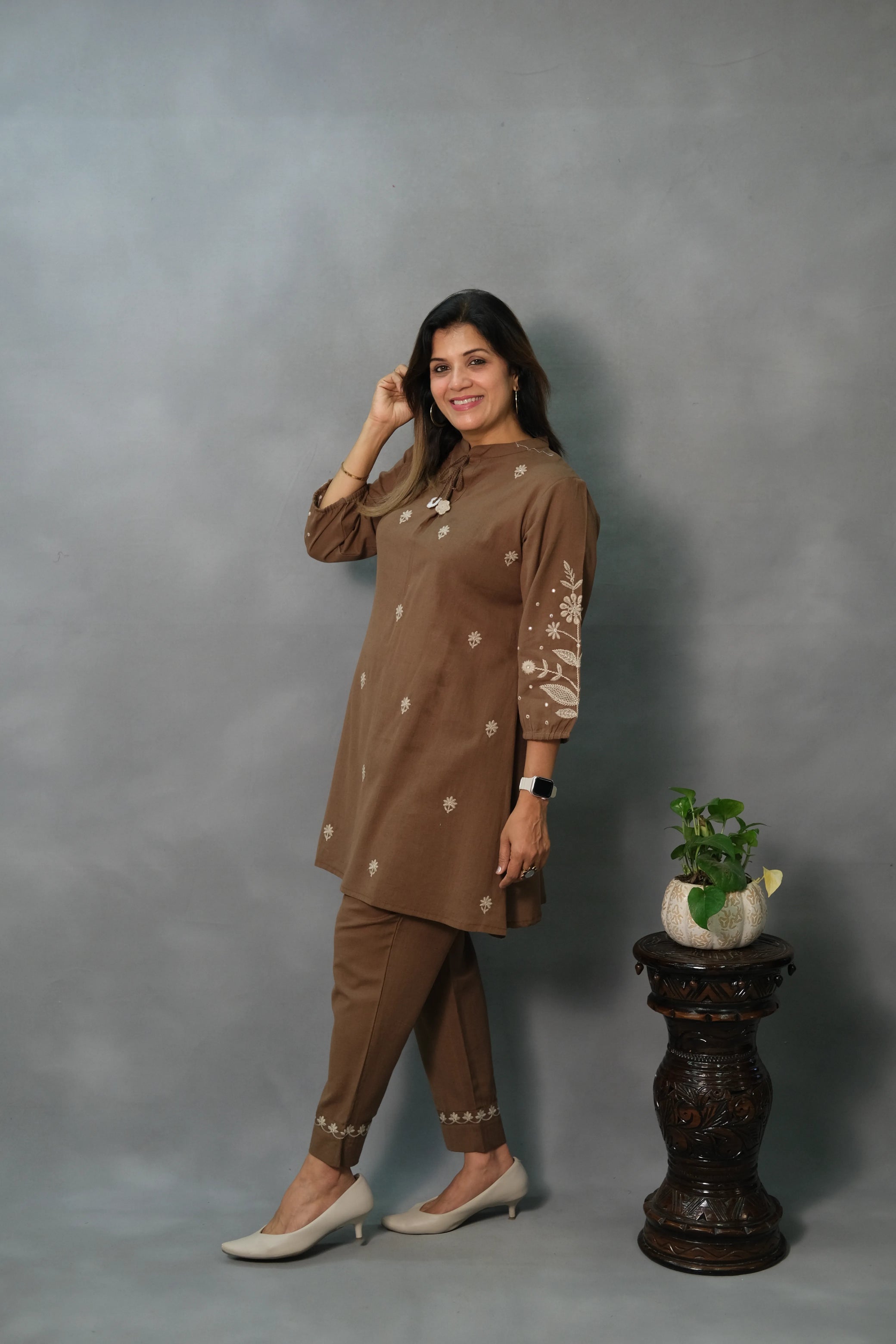 Brown Embroidered Co-ord Set | Flex Cotton