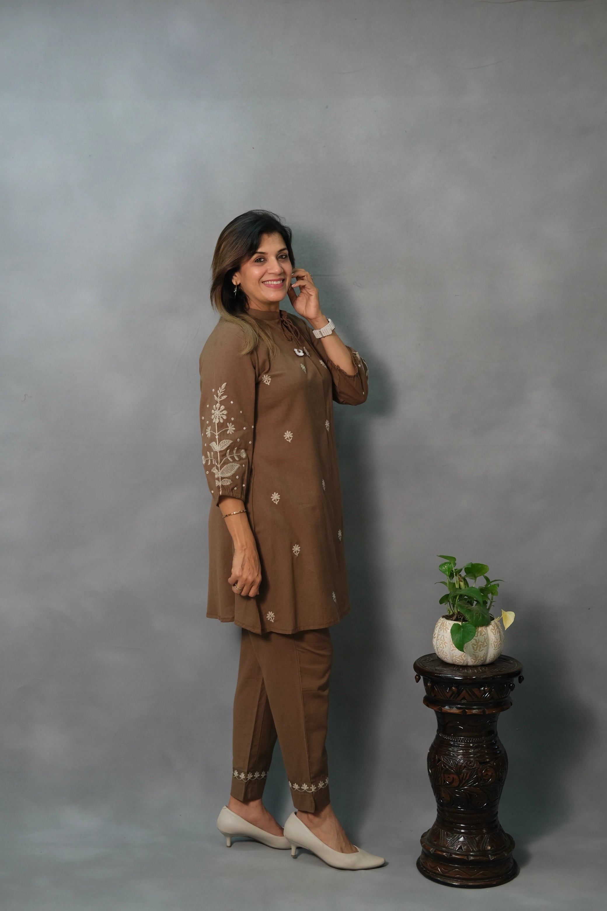 Brown Embroidered Co-ord Set | Flex Cotton