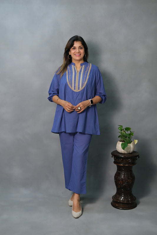 Royal Blue Co-ord Set with Lace Work | Mul Cotton