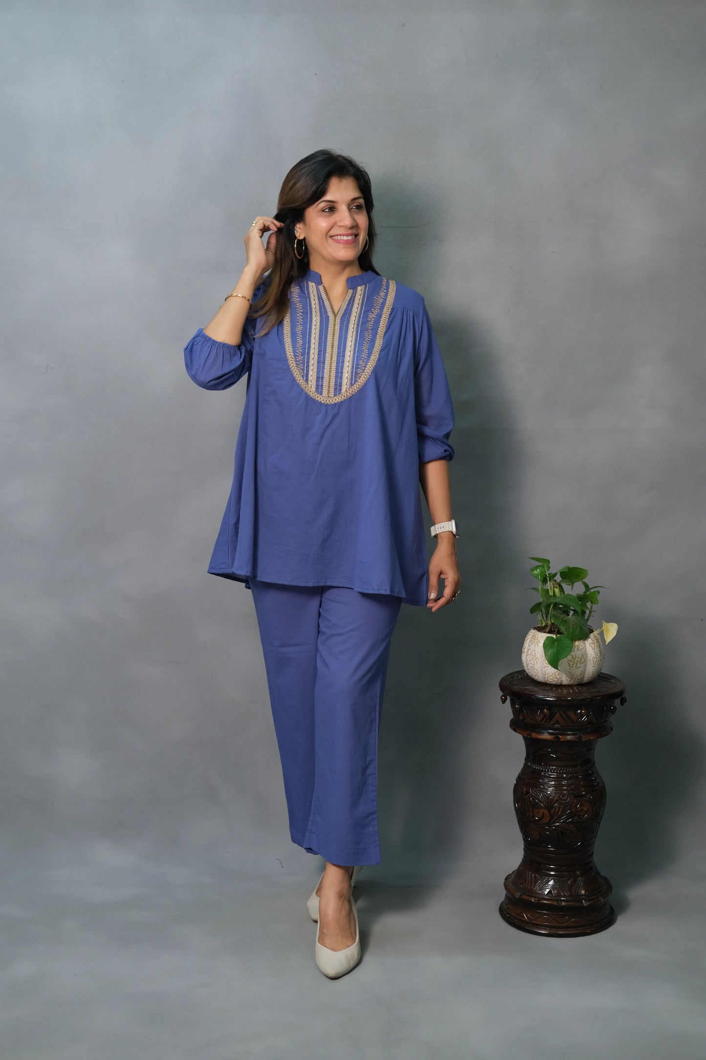 Royal Blue Co-ord Set with Lace Work | Mul Cotton