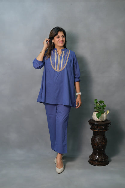 Royal Blue Co-ord Set with Lace Work | Mul Cotton