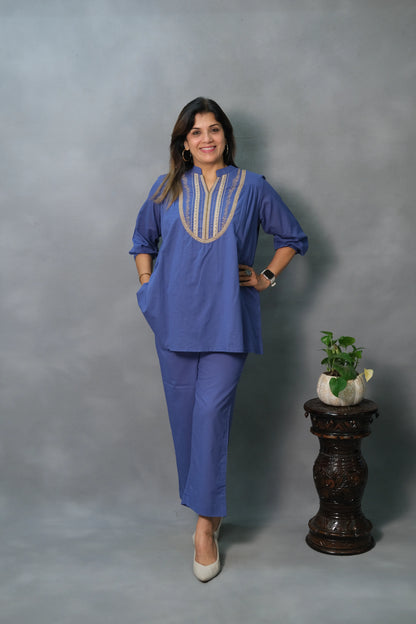 Royal Blue Co-ord Set with Lace Work | Mul Cotton