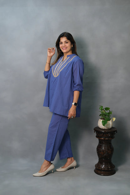 Royal Blue Co-ord Set with Lace Work | Mul Cotton