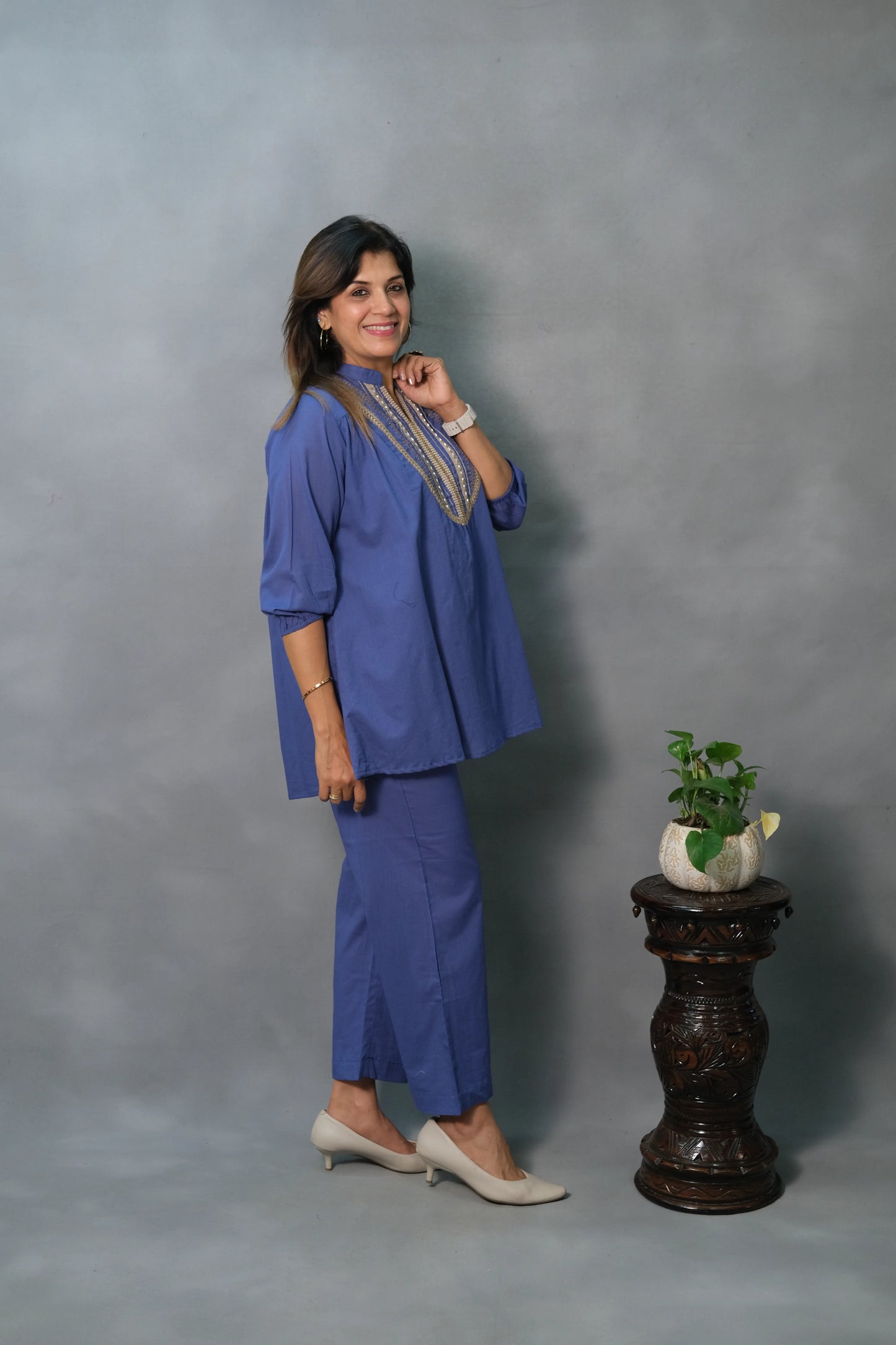 Royal Blue Co-ord Set with Lace Work | Mul Cotton