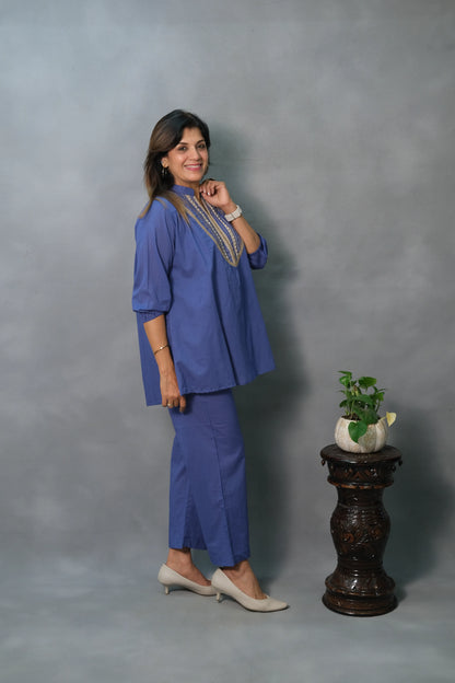 Royal Blue Co-ord Set with Lace Work | Mul Cotton