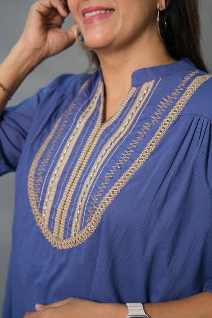 Royal Blue Co-ord Set with Lace Work | Mul Cotton