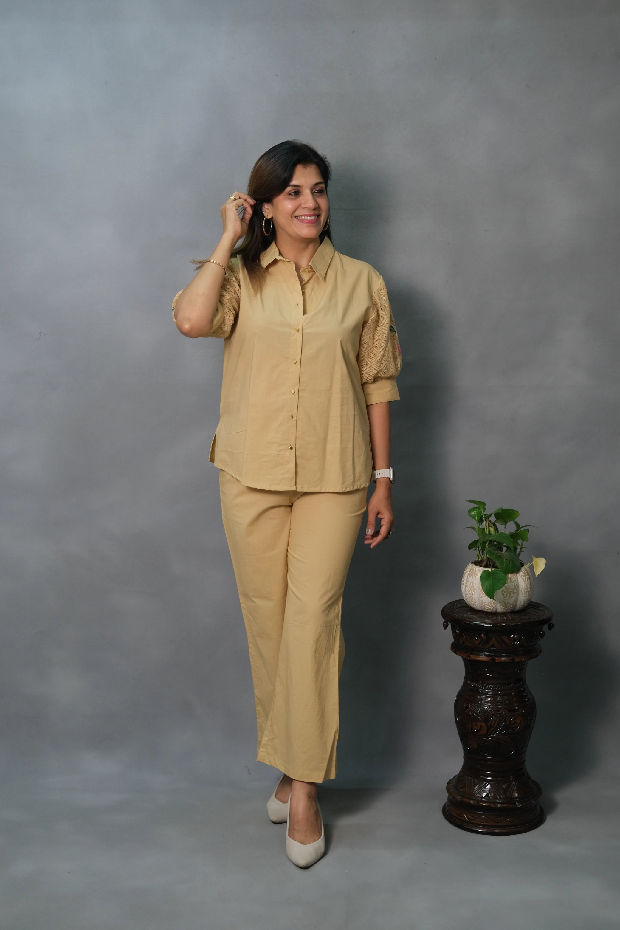 Co-ord Set with Net Back & Sleeves in Beige Color | Soft Cotton