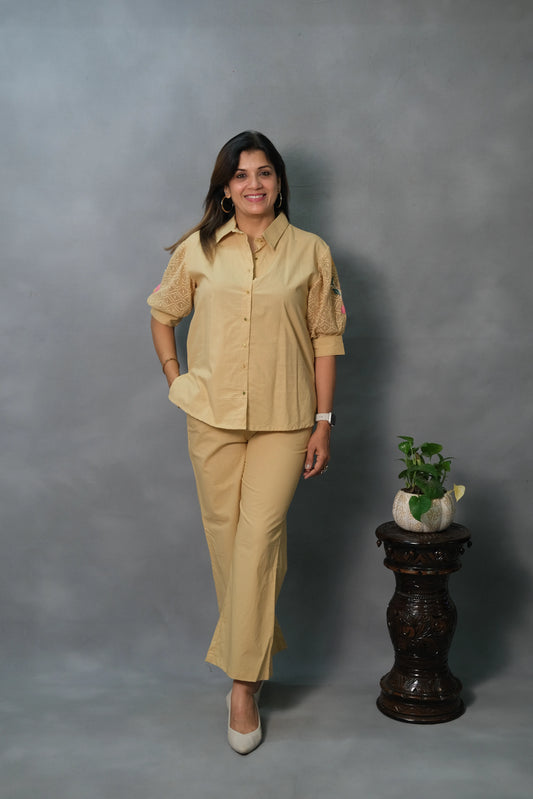 Co-ord Set with Net Back & Sleeves in Beige Color | Soft Cotton
