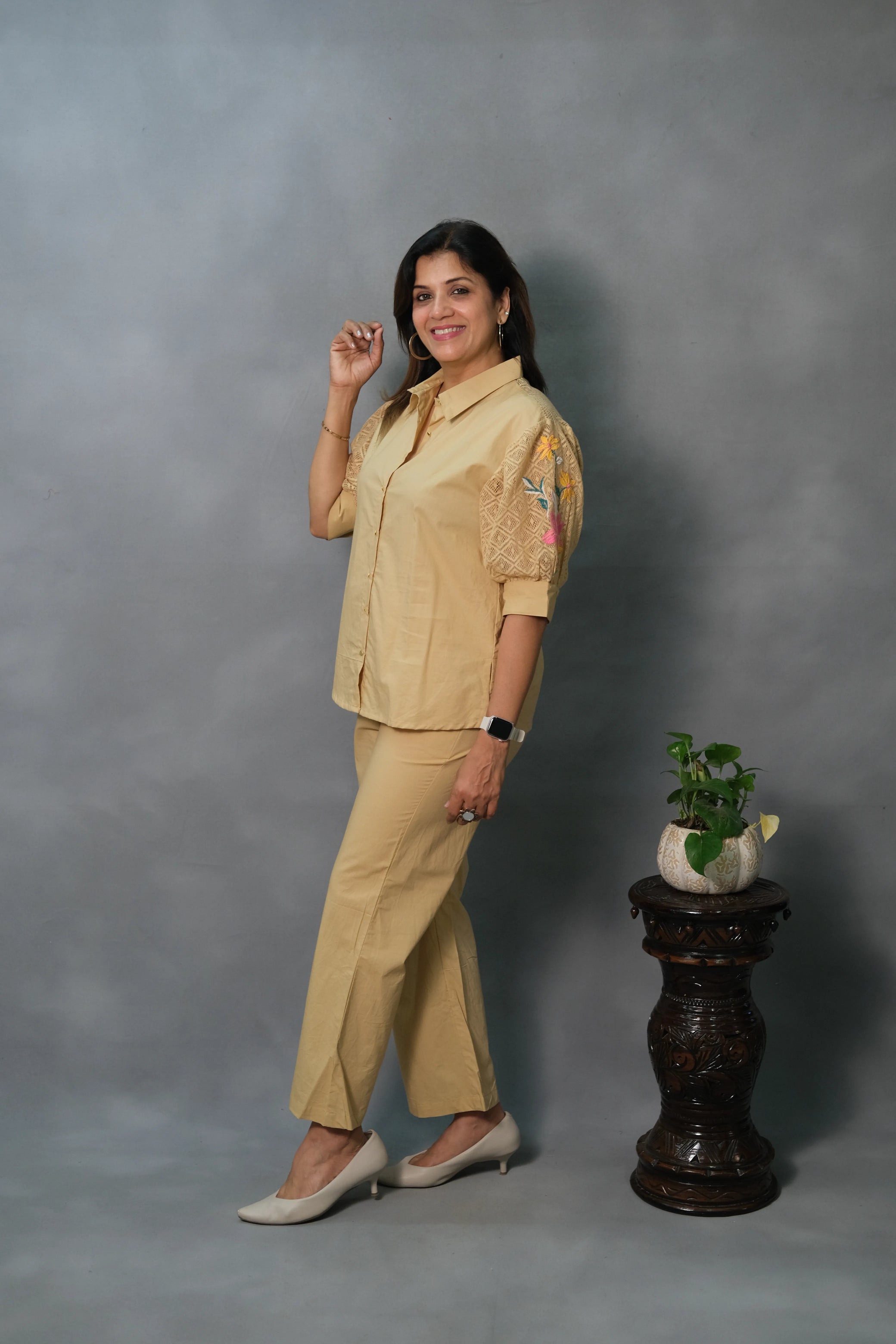 Co-ord Set with Net Back & Sleeves in Beige Color | Soft Cotton