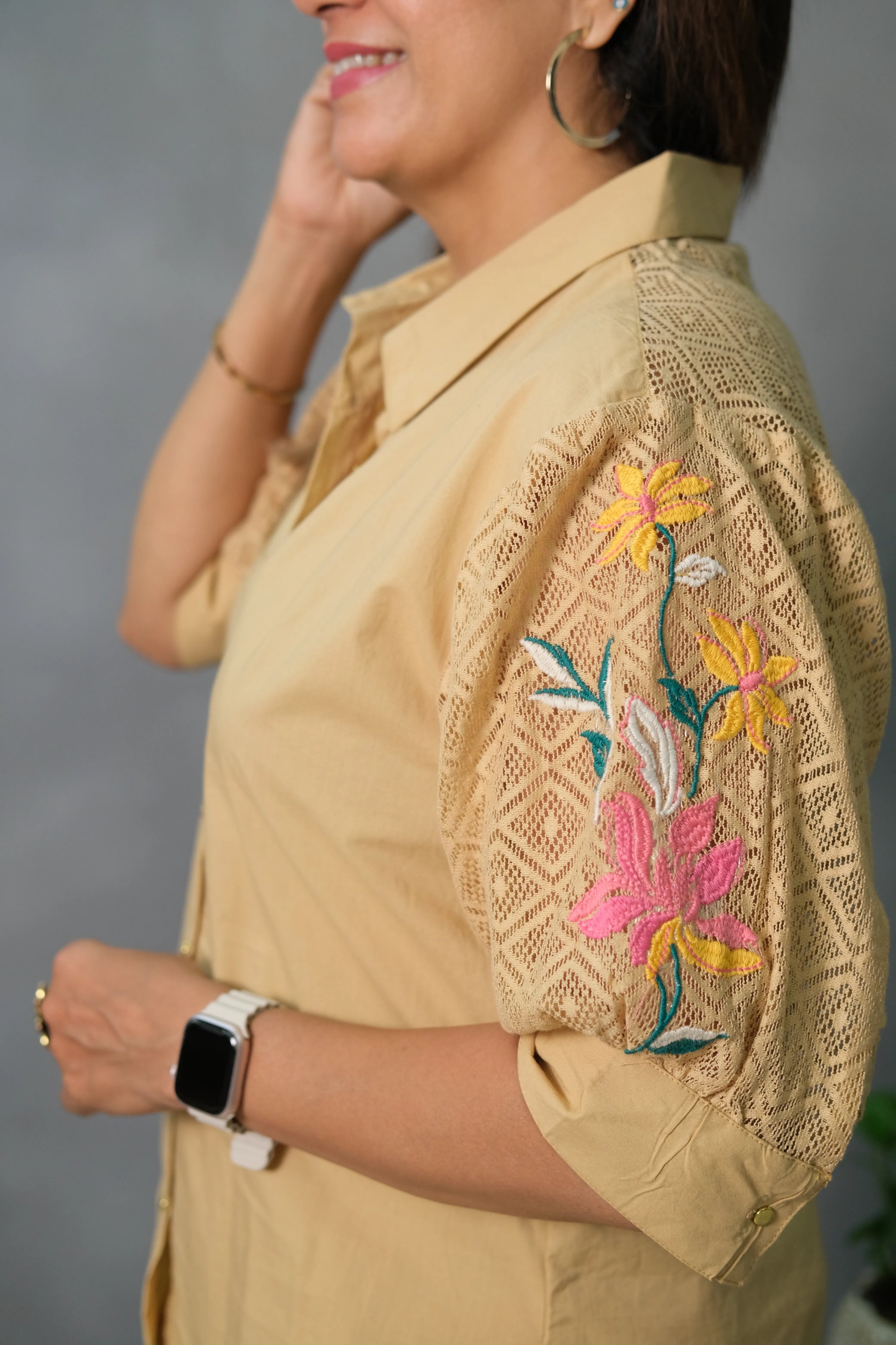 Co-ord Set with Net Back & Sleeves in Beige Color | Soft Cotton
