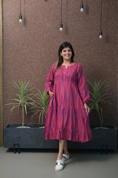 Magenta Sequin Work One Piece Dress | Pure Cotton