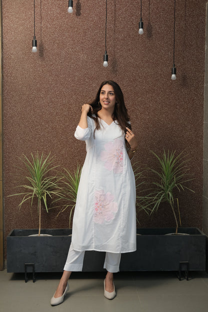 White Mul Cotton Kurta Pant Set with Patch Work – Festive Elegance Redefined