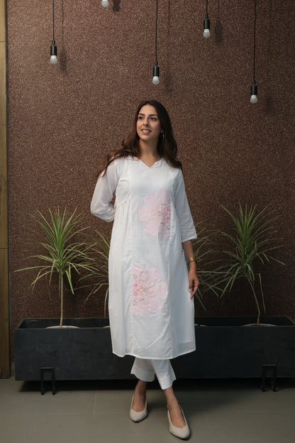 White Mul Cotton Kurta Pant Set with Patch Work – Festive Elegance Redefined