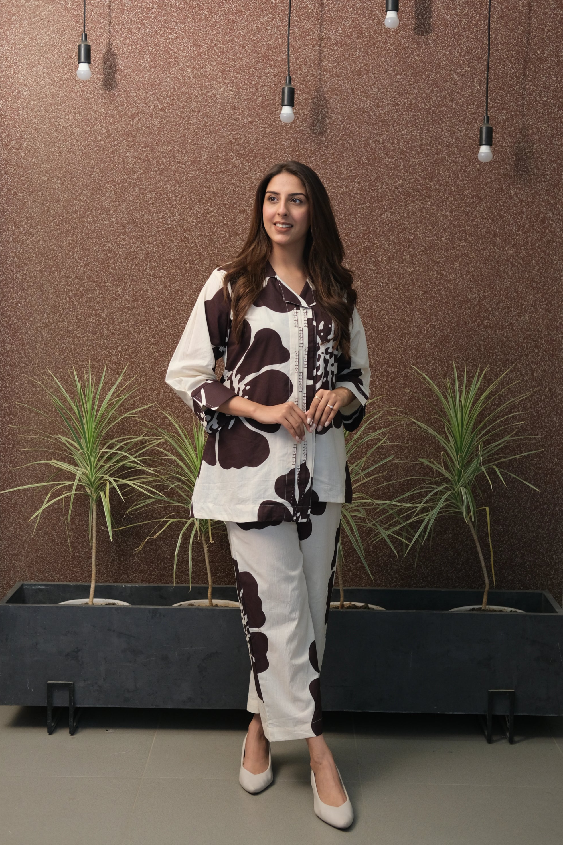 Brown Floral Printed Co-ord Set in Mul Cotton