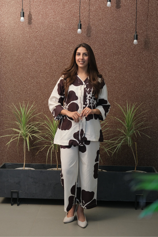 Brown Floral Printed Co-ord Set in Mul Cotton