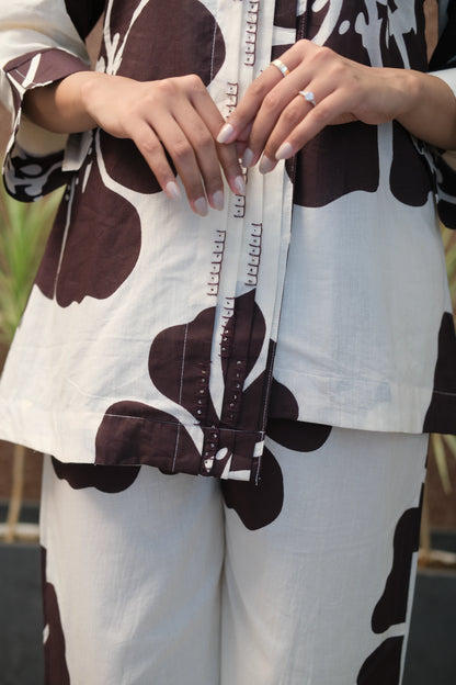 Brown Floral Printed Co-ord Set in Mul Cotton