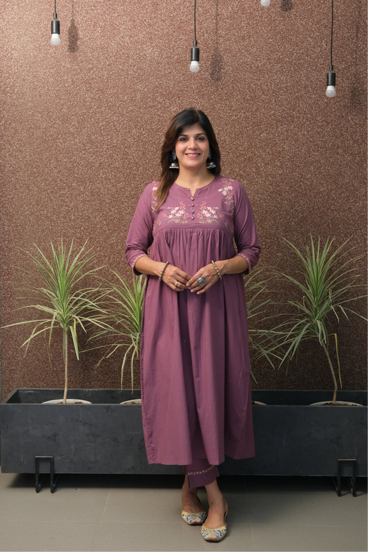 Onion Embroidered A-Line Kurta Set in Soft Cotton