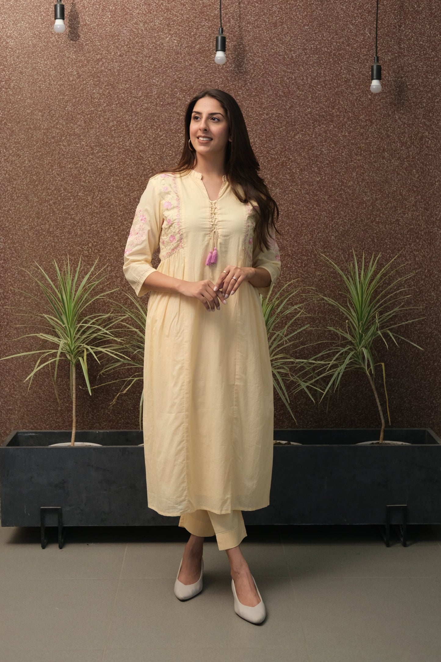 Beige-Yellow Embroidered Kurta Set in Mul Mul Cotton | Subtle Festive Elegance