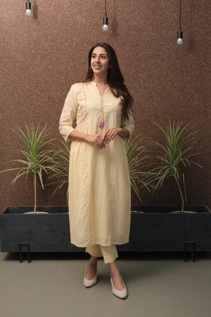 Beige-Yellow Embroidered Kurta Set in Mul Mul Cotton | Subtle Festive Elegance
