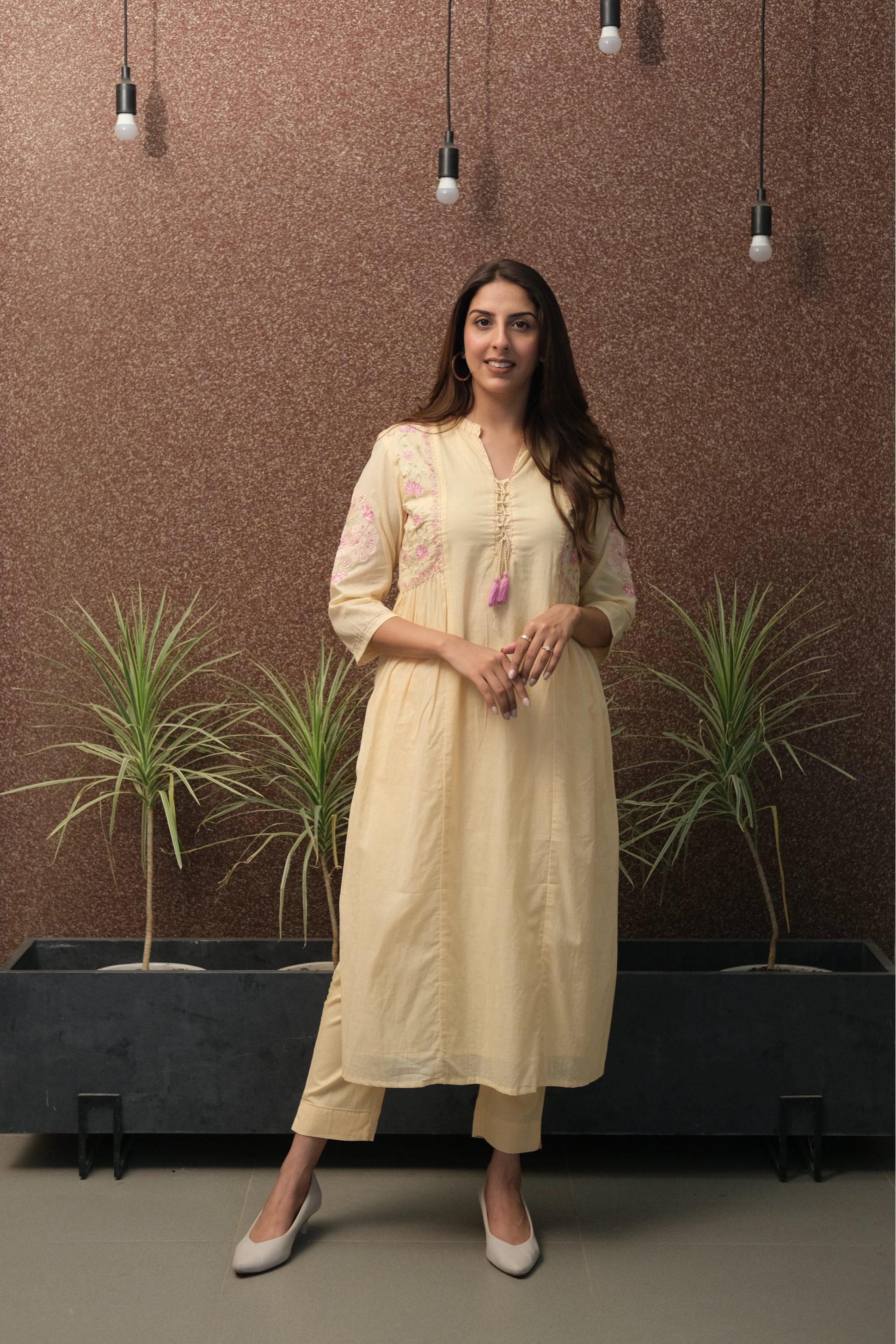 Beige-Yellow Embroidered Kurta Set in Mul Mul Cotton | Subtle Festive Elegance