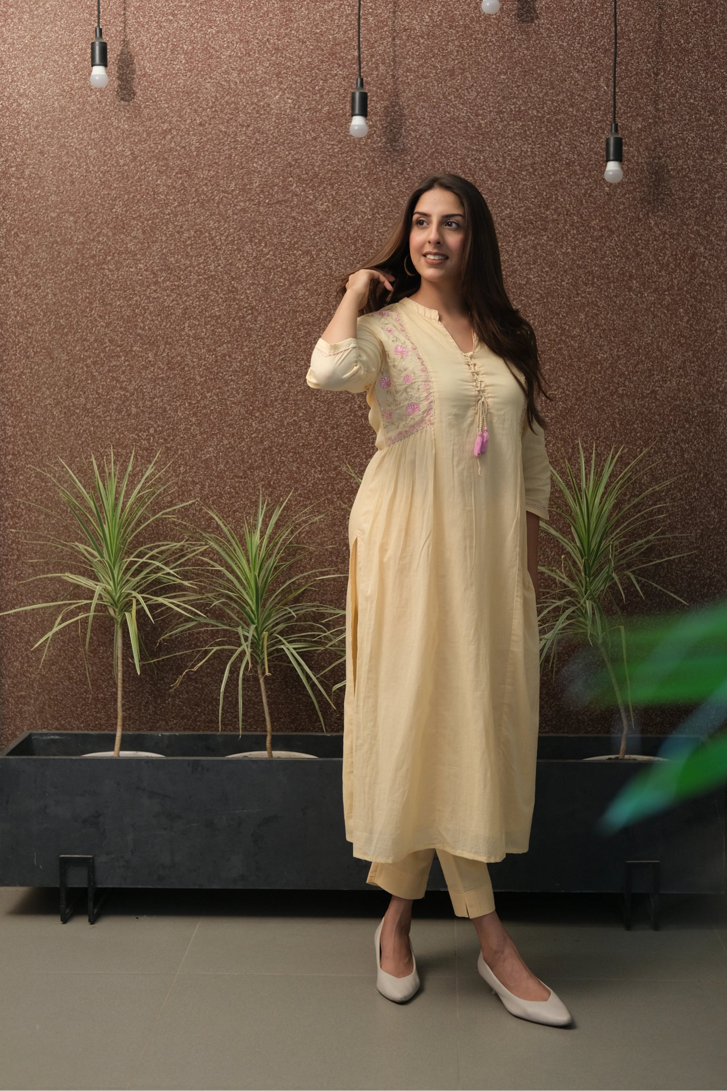 Beige-Yellow Embroidered Kurta Set in Mul Mul Cotton | Subtle Festive Elegance